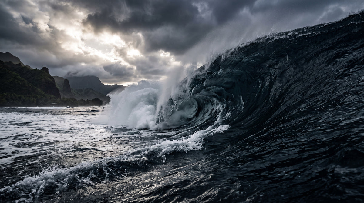 Vague de Teahupo'o sous un ciel d'orage